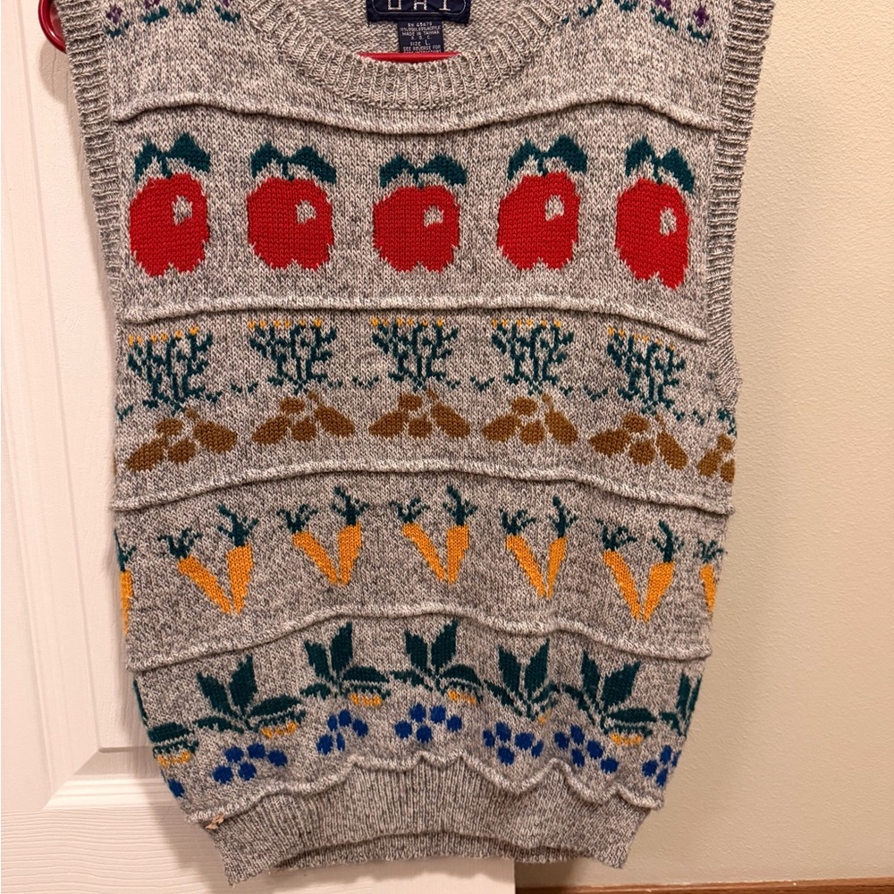 Gray Sweater Vest with fruit & vegetable Patterns